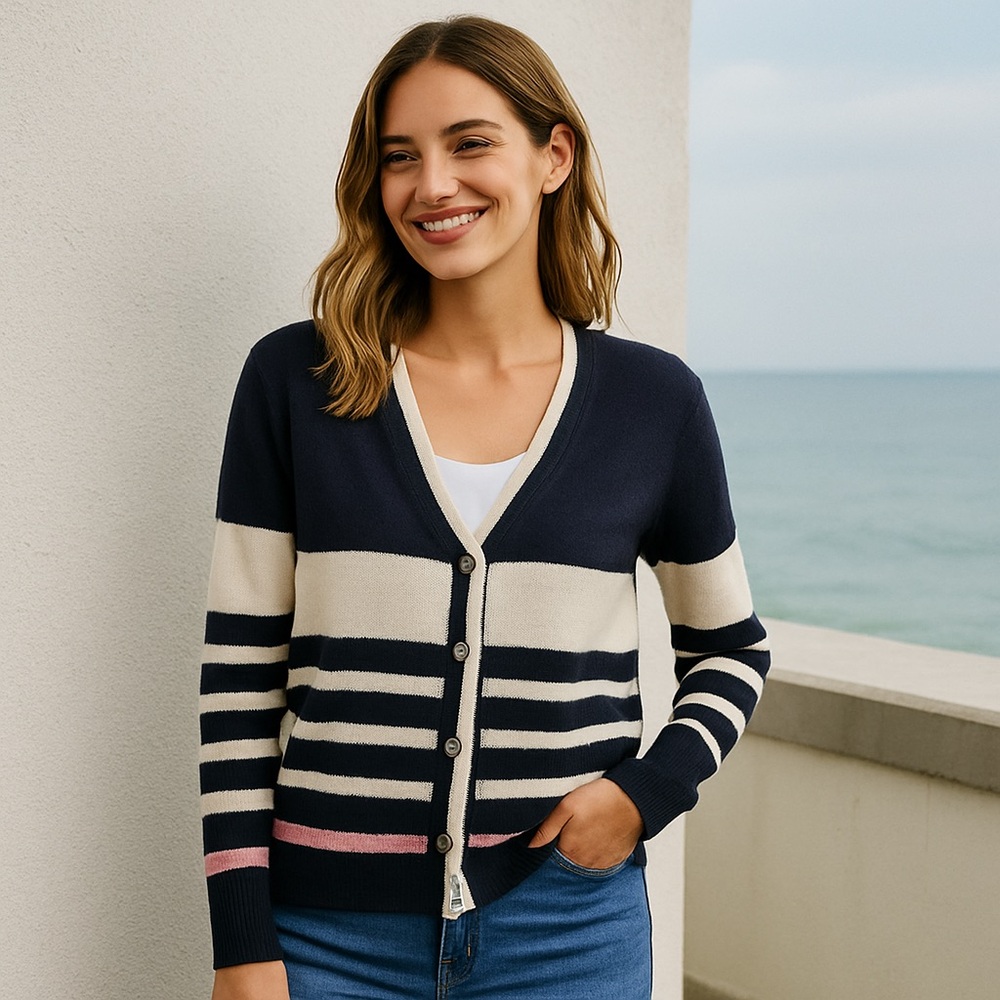 Tommy Hilfiger Navy & Pink Stripe Sparkle Cardigan Knit Sweater Women’s Large